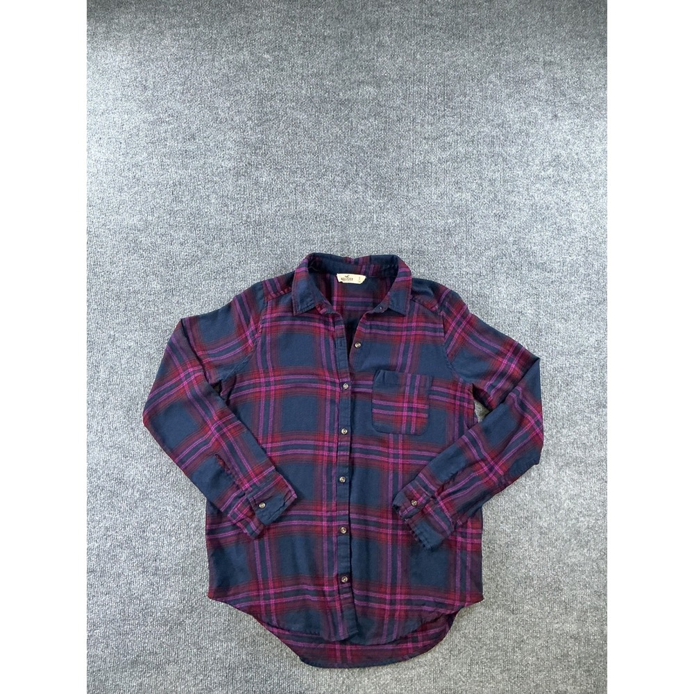 Hollister Womens Small Navy Blue Burgundy Plaid Button Down Flannel Shirt S